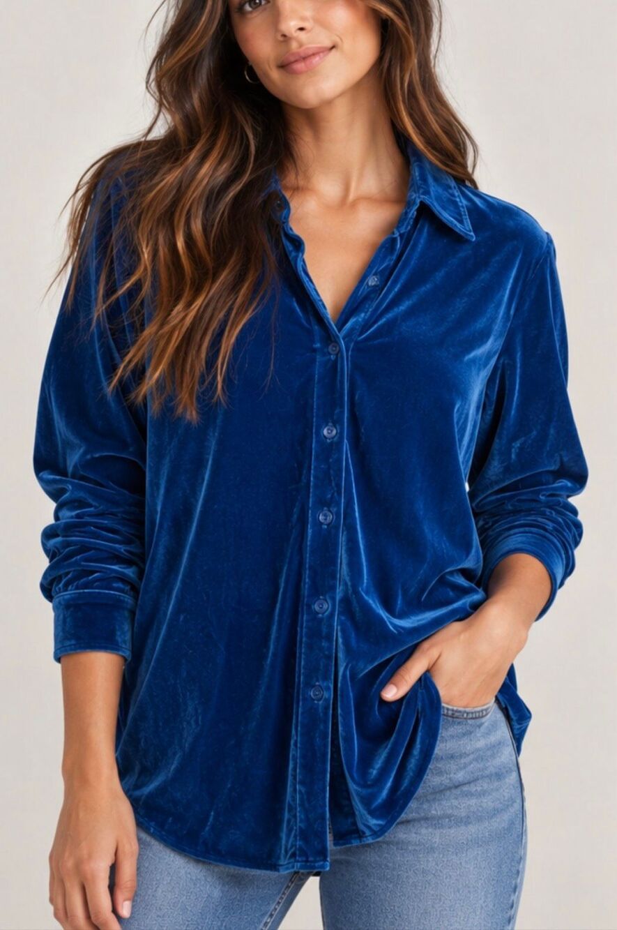 Soft Surroundings blue velvet button down small